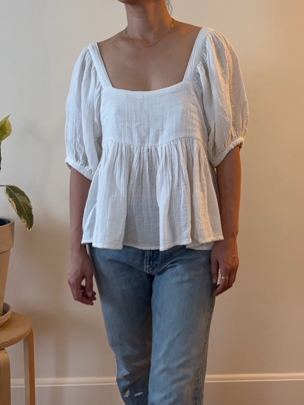 White Puff-Sleeve Square Neck Peplum Top